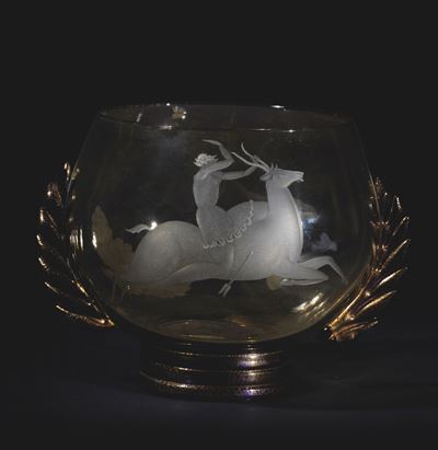 Guido Balsamo Stella, Salir, Murano (1930 ca), vaso globulare in vetro pagliesco inciso con decor...
