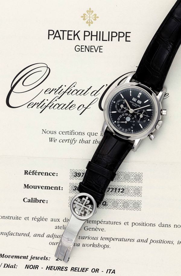 PATEK PHILIPPE - 3970EP rare, very fine and elegant platinum, perpetual calendar, chronograph wristwatch with moon phase. Original box fitted and Patek Philippe certificate of origin.