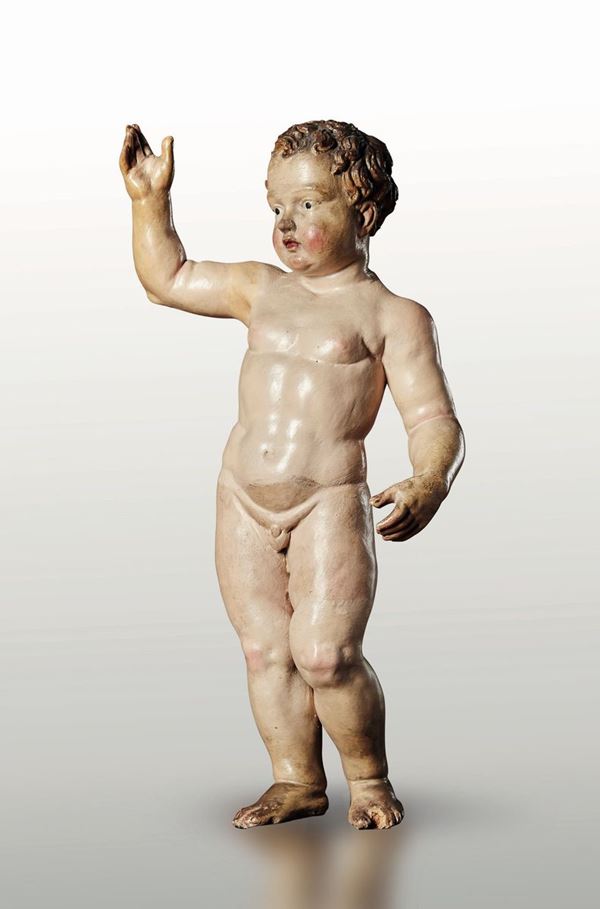 Bambino benedicente. Terracotta policroma. Plasticatore tardo rinascimentale, Italia centrale XVI secolo