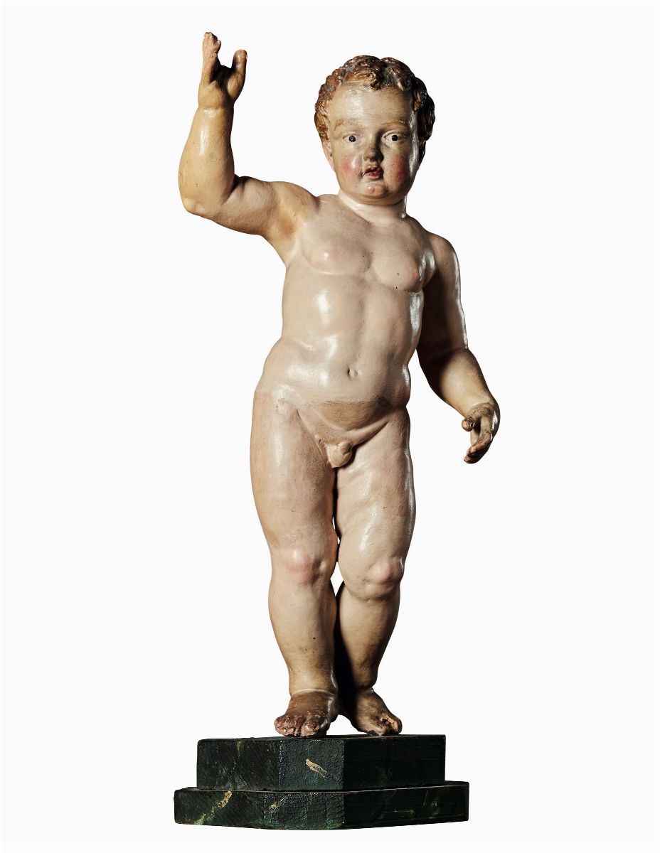 Bambino Benedicente. Terracotta Policroma. Plasticatore Tardo Rinascimentale, Italia Centrale XVI...