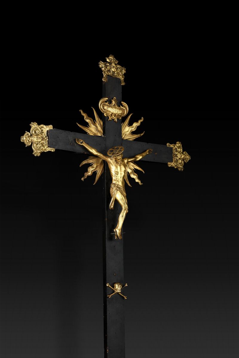 Crociffissione. Bronzo Fuso, Dorato e Cesellato, Legno Ebanizzato. Fonditore Prossimo a Pietro e ...