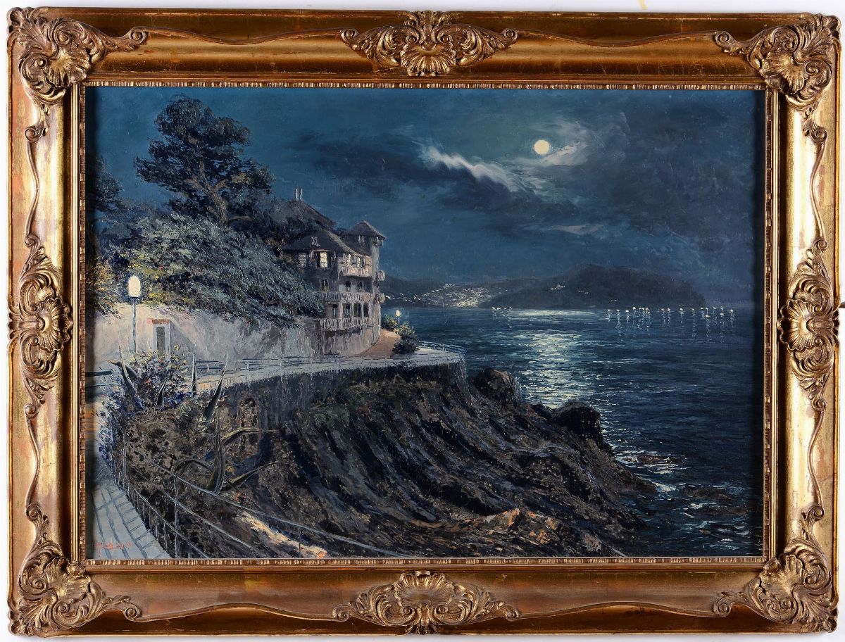 Giuseppe Arigliano (1917-1999)veduta Notturna dalla Passeggiata di Nervi al Chiaro di Luna