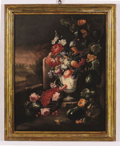 Nicola Casissa (napoli ? - 1730), Attribuito Acomposizione di Fiori e Frutta con Paesaggio