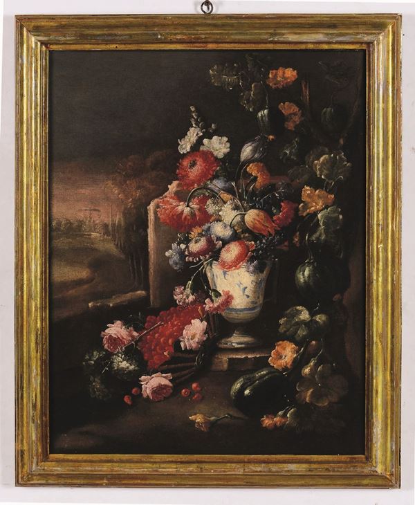 Nicola Casissa (Napoli ? - 1730), attribuito a Composizione di fiori e frutta con paesaggio
