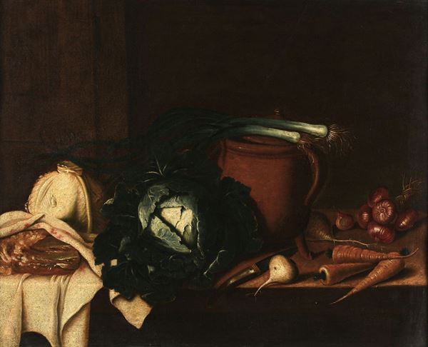 Carlo Magini (Fano 1720-1806), attribuito a Natura morta con ortaggi, carne e vaso in terra cotta