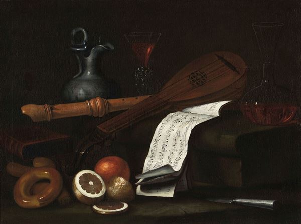 Scuola fiamminga del XVIII secolo Natura morta con strumenti musicali, libri e limoni