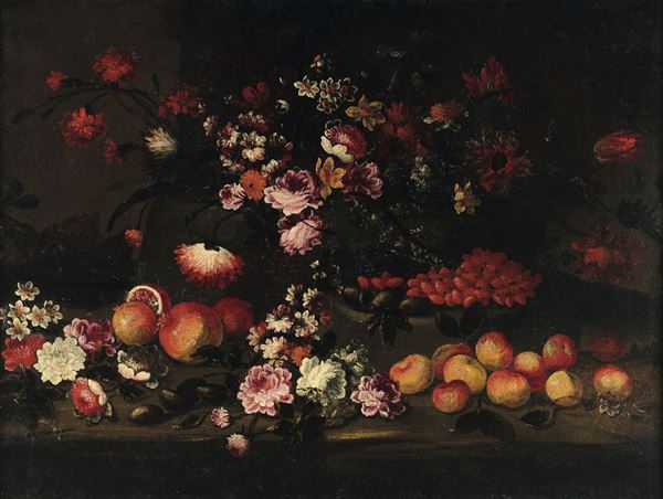 Scuola lombarda del XVIII secolo Natura morta con fiori e frutta