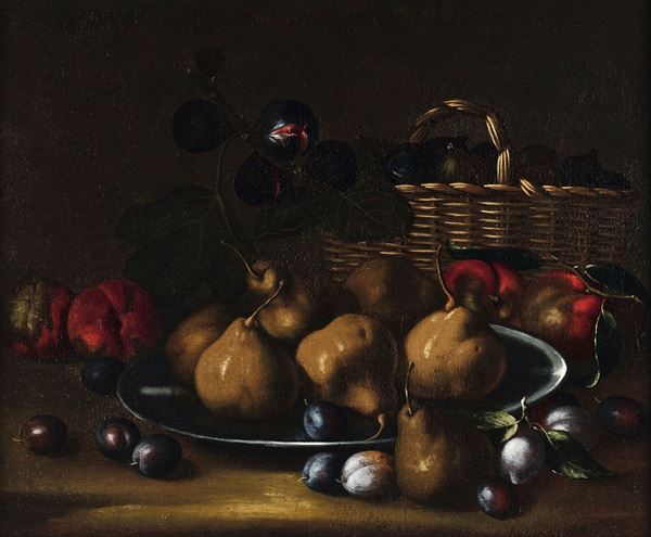Angelo Maria Rossi, - Angelo Maria Rossi (XVII secolo), attribuiti a Natura morta con piatto di pere, cesto di fichi e susine