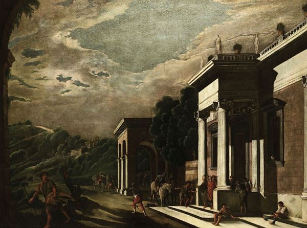 Ascanio Luciani (Napoli 1621-1706) Capriccio architettonico con figure