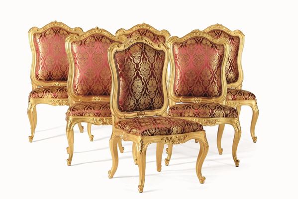Sei sedie in legno intagliato e dorato, XX secolo
