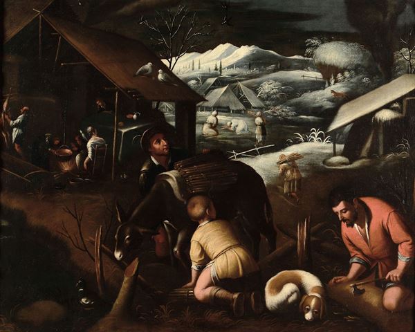 Scuola dei Bassano (XVII secolo) Paesaggio innevato con contadini e taglialegna