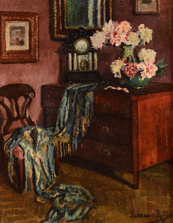 Pittore del XIX-XX secolo Interno con vaso di fiori