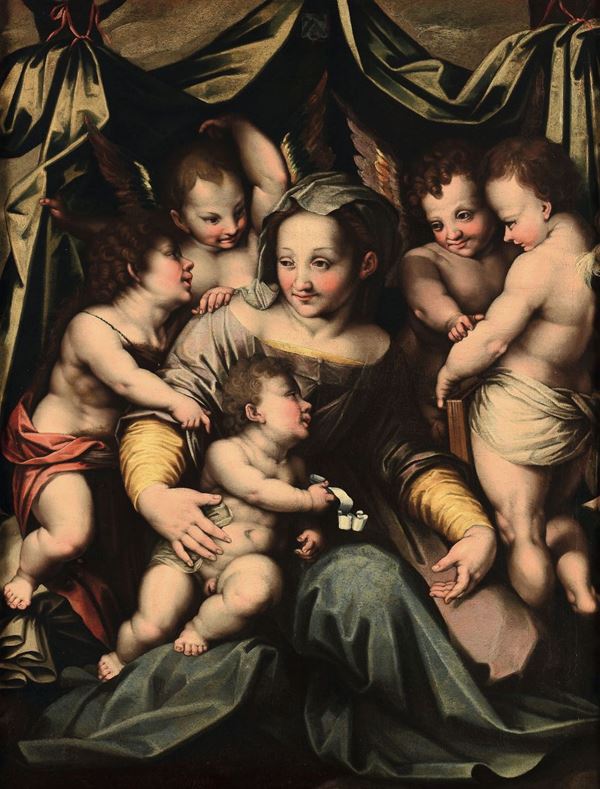 Scuola toscana del XVII secolo Madonna con Bambino, S. Giovannino e angeli