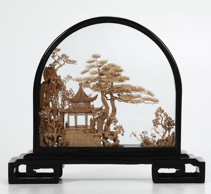 Gruppo scolpito raffigurante paesaggio con pagoda, Cina, XX secolo  - Asta Antiquariato I - Asta a Tempo - Cambi Casa d'Aste