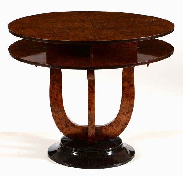 Tavolino Deco a lira impiallacciato in radica, XIX secolo