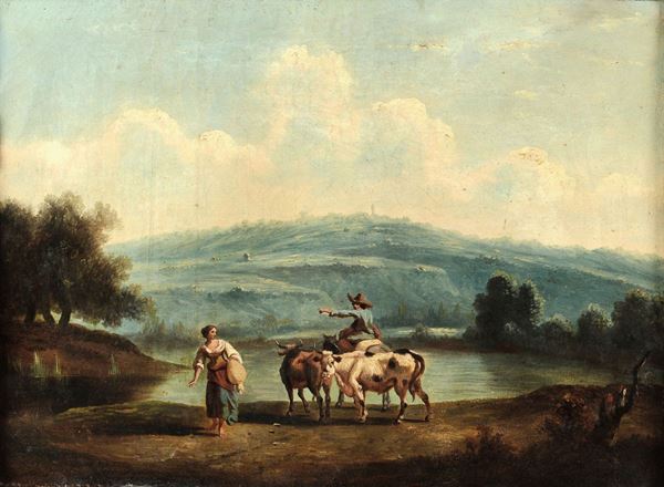 Artista fiammingo operante a Roma nel XVIII secolo Paesaggio con contadini e armenti