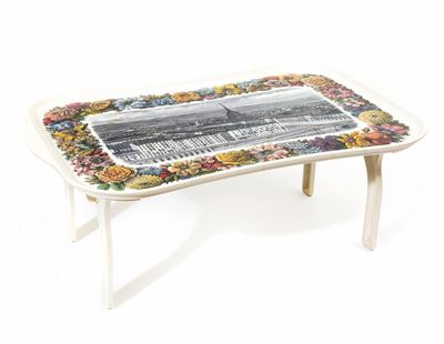 Piero Fornasetti, Vassoio da letto con veduta di Torino e cornice floreale (Milano, 1966 ca)