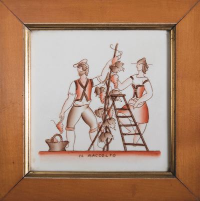 Giò Ponti, San Cristoforo per Richard Ginori, Piastrella Il Raccolto (vendemmiatori), terraglia p...