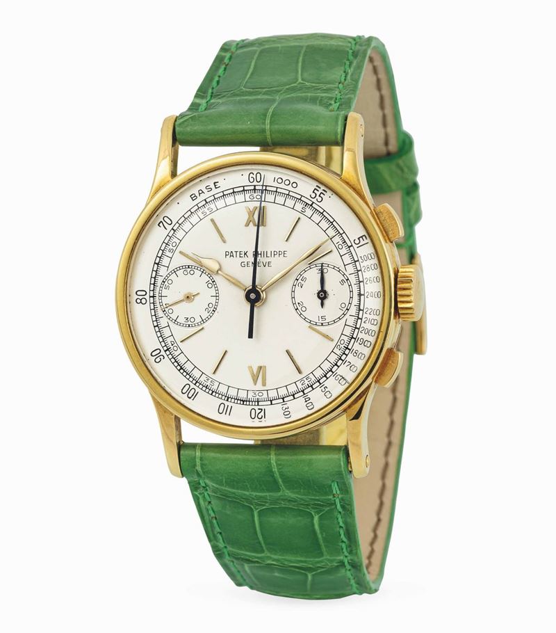 PATEK PHILIPPE - 130 Chronograph. Fine yellow gold vintage wristwatch with roman numbers at 6 and 12 o'clock, with tachymeter scale.  - Auction Important Wristwatches and Pocket Watches - Cambi Casa d'Aste