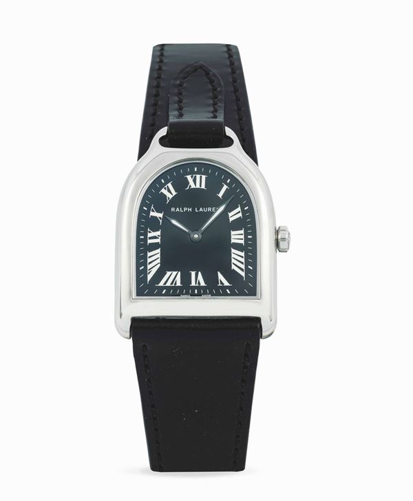 RALPH LAUREN - Stainless steel Stirrup Small with black dial and roman numbers. Iconic case with stirrup shape inspired by the equestrian style.