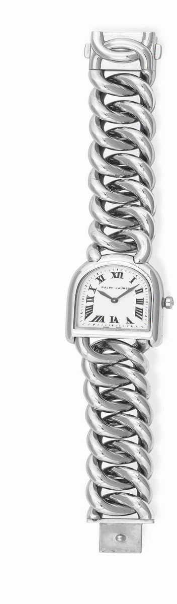 RALPH LAUREN - Stainless steel Stirrup Small with roman numbers. Iconic case with stirrup shape inspired by the equestrian style.