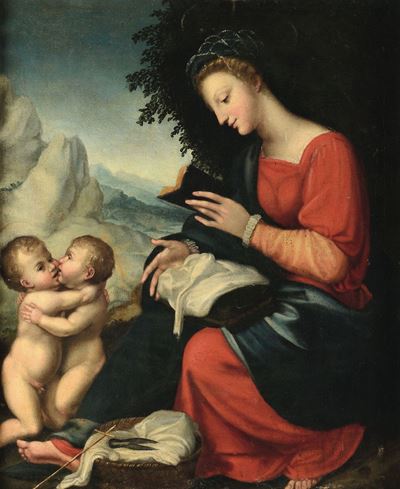 Scuola Leonardesca del XVI Secolo Madonna con Bambino e San Giovannino
