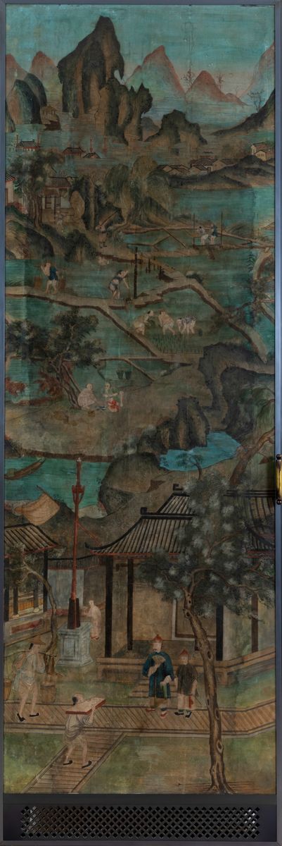 Sei Grandi Pannelli Finemente Dipinti su Carta Raffiguranti Scene di Vita Comune con Uomini al La...