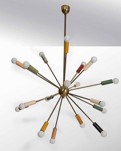 Lampada a Sospensione Sputnick con Struttura in Ottone e Diffusori in Metallo Laccato.
