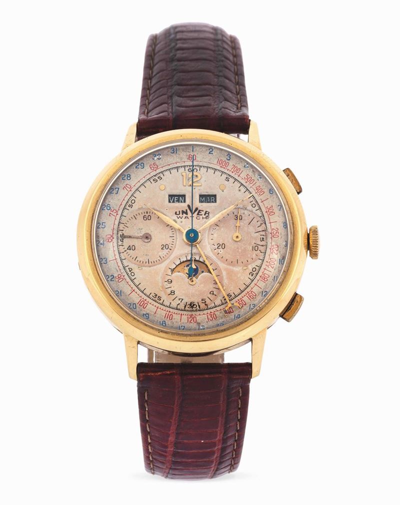 UNVER WATCH - Yellow gold wristwatch, annual calendar, moon phase and red tachymeter scale.  - Auction Important Wristwatches and Pocket Watches - Cambi Casa d'Aste