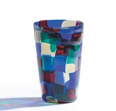 Fulvio Bianconi, Vaso troncoconico in vetro soffiato con decoro multicolore (serie Pezzati)