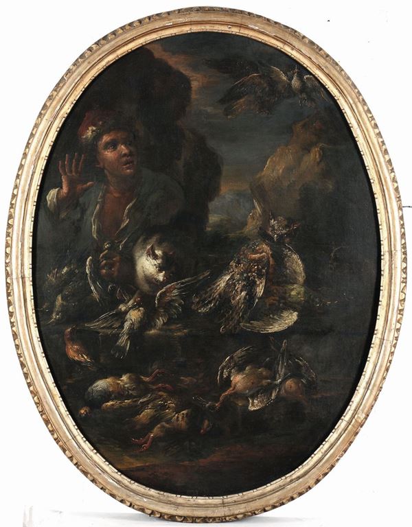 Baldassarre De Caro - Baldassarre De Caro (Napoli 1689-1750) Natura morta con cacciagione, ortaggi e giovane con gatto