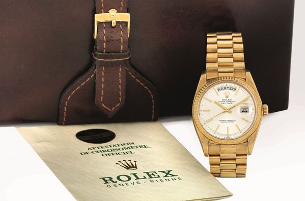 ROLEX - Ref.1803 Yellow gold Day-Date with white dial and yellow gold President bracelet. Equipped with  [..]