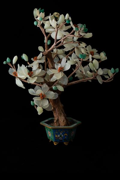Coppia di Giardiniere in Smalti con Bonsai in Pietre Dure, Cina, Dinastia Qing, XIX Secolo