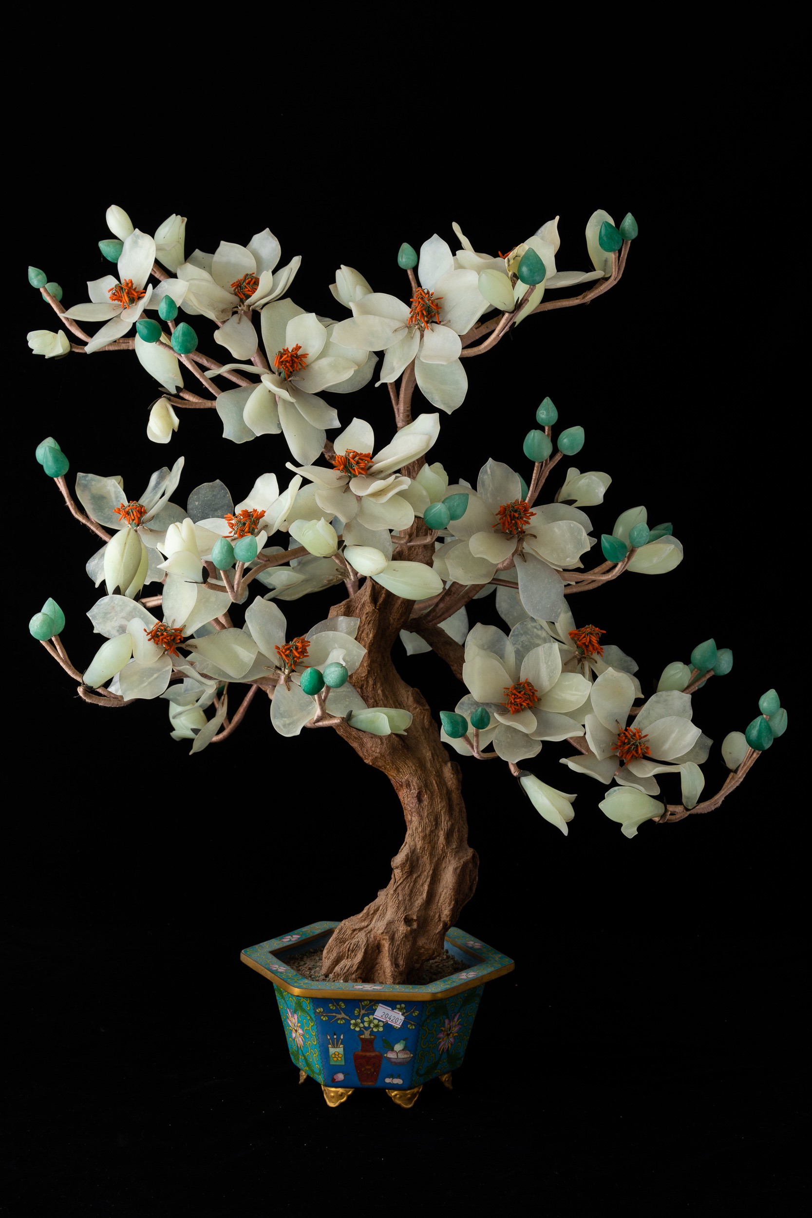 Coppia di Giardiniere in Smalti con Bonsai in Pietre Dure, Cina, Dinastia Qing, XIX Secolo