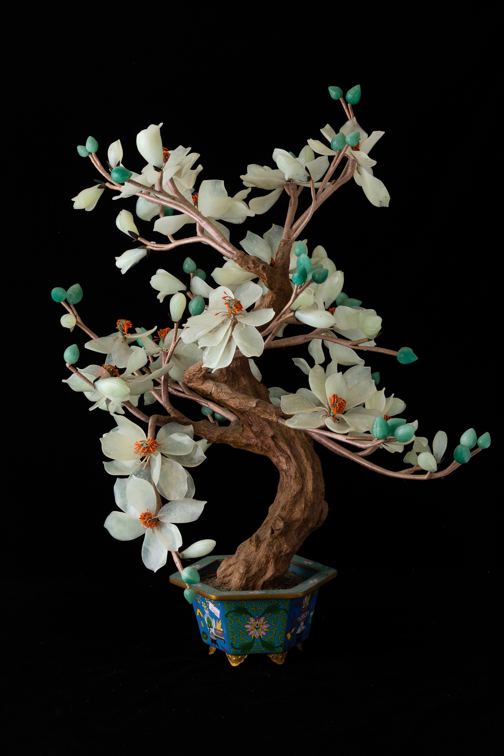 Coppia di Giardiniere in Smalti con Bonsai in Pietre Dure, Cina, Dinastia Qing, XIX Secolo