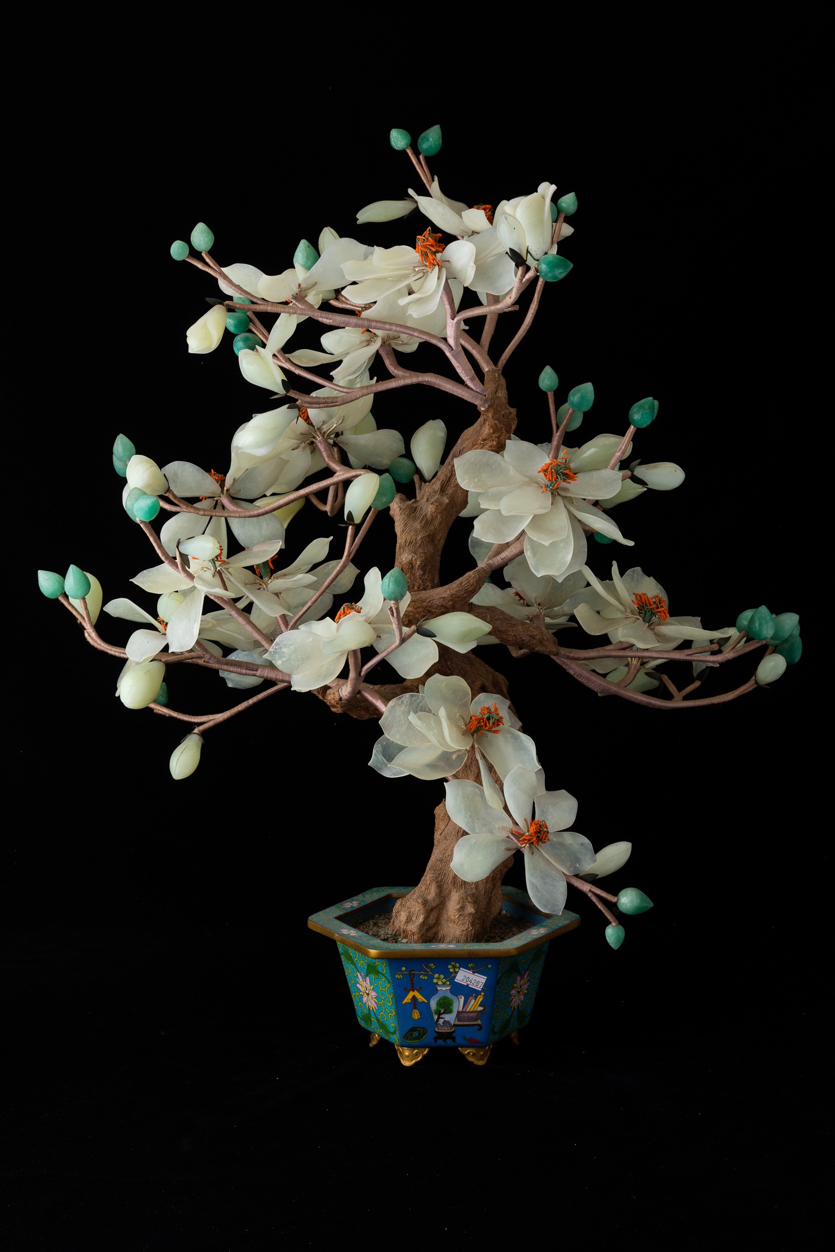 Coppia di Giardiniere in Smalti con Bonsai in Pietre Dure, Cina, Dinastia Qing, XIX Secolo