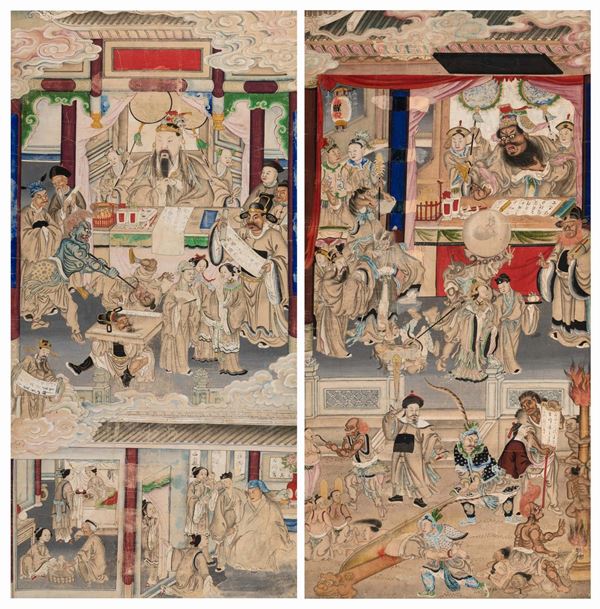 Coppia di dipinti su carta raffiguranti scene di vita di corte, Cina, Dinastia Qing, metÃ  XIX secolo