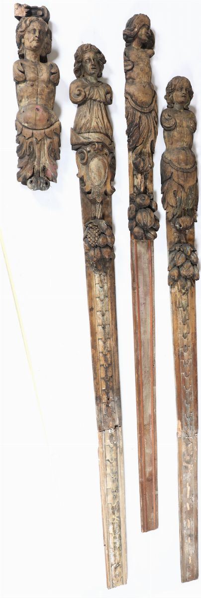 Lotto di quattro lesene in legno intagliato, XVII-XVIII secolo  - Asta Antiquariato II - Asta a Tempo - Cambi Casa d'Aste