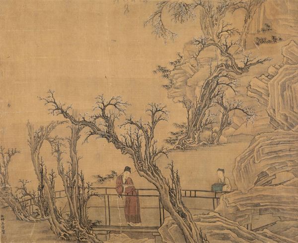 Dipinto su seta raffigurante saggio con discepolo entro paesaggio e alberi in fiore, Cina, Dinastia Qing, XIX secolo