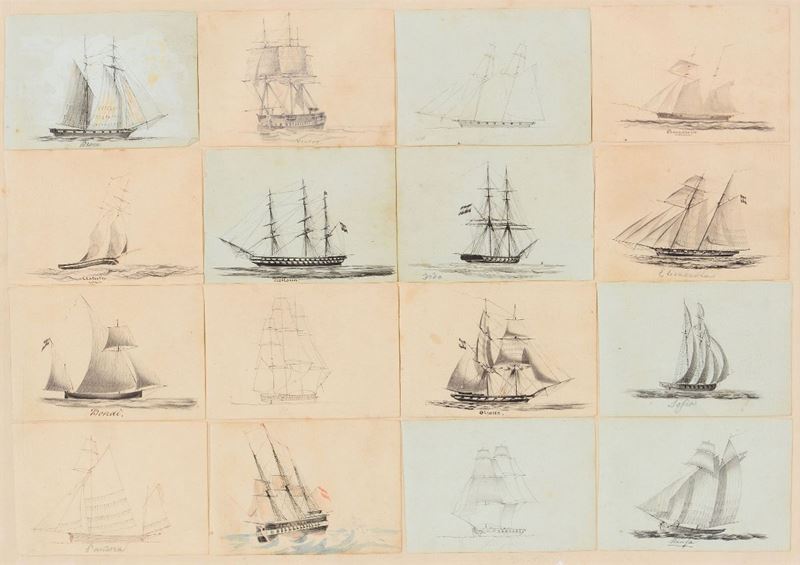 Disegnatore attivo alla metà del XIX secolo Composizione con 16 ritratti di navi, 1870 circa  - Asta Arte Marinara - Cambi Casa d'Aste
