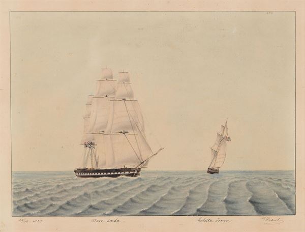 Giuseppe Kraus Ritratto di una nave sarda e della goletta Ionia, 1847