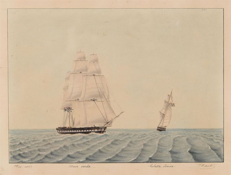 Giuseppe Kraus Ritratto di una nave sarda e della goletta Ionia, 1847  - Asta Arte Marinara - Cambi Casa d'Aste