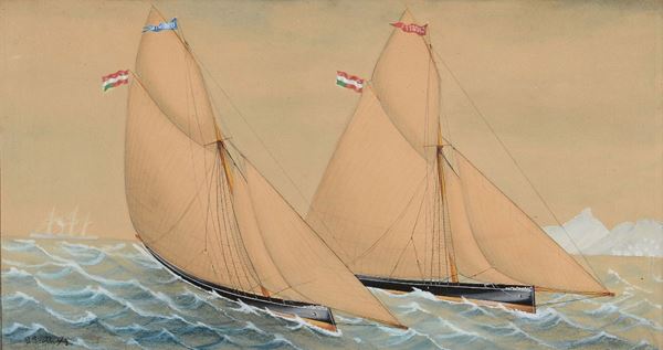 Giuseppe Proti (Trieste, attivo alla fine dell’Ottocento) Yacht in navigazione (Allegoria del matrimonio di Virginia e Giuseppe Jerschau) 1898