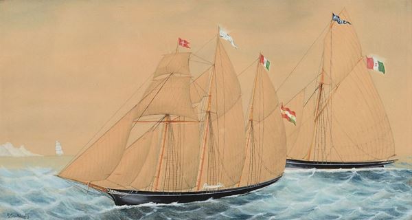 Giuseppe Proti (Trieste, attivo alla fine dell’Ottocento) Yacht in navigazione (Allegoria di Amalia e Matteo Jerschau) 1898