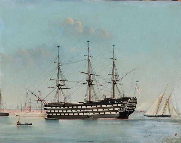 Pittore inglese attivo alla metà dell’Ottocento Ritratto dell’unità da guerra inglese Britannia, metà XIX secolo