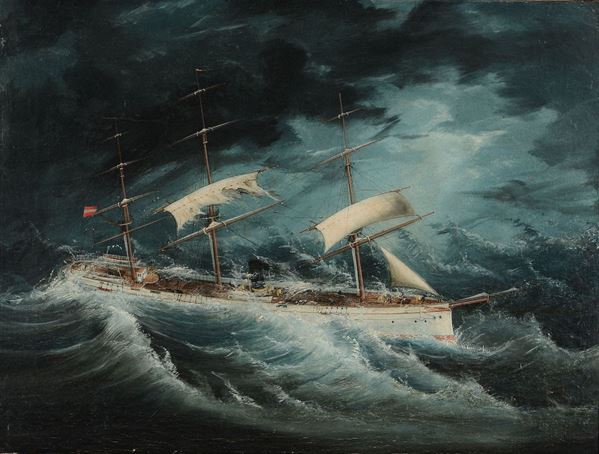 Pittore attivo nei mari del Sud alla fine del XIX secolo Piroscafo austriaco nella burrasca, fine XIX secolo