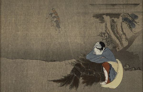 Stampa raffigurante figura femminile entro paesaggio, Giappone, periodo Meiji, XIX secolo