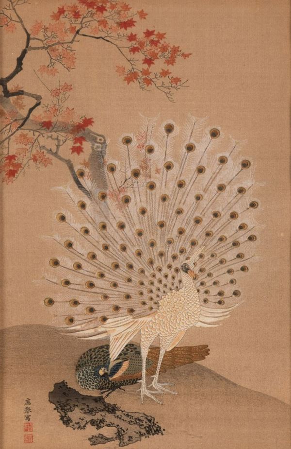 Dipinto su carta raffigurante pavone entro paesaggio e iscrizione, Giappone, XX secolo