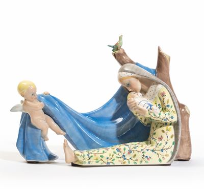 Abele Jacopi, Madonna con Bambino in terraglia a colaggio policroma (Lenci, Torino, 1930 ca.)
