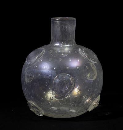 Barovier & Toso, Vaso a sfera con collo cilindrico, vetro soffiato con decoro iridato e applicazi...
